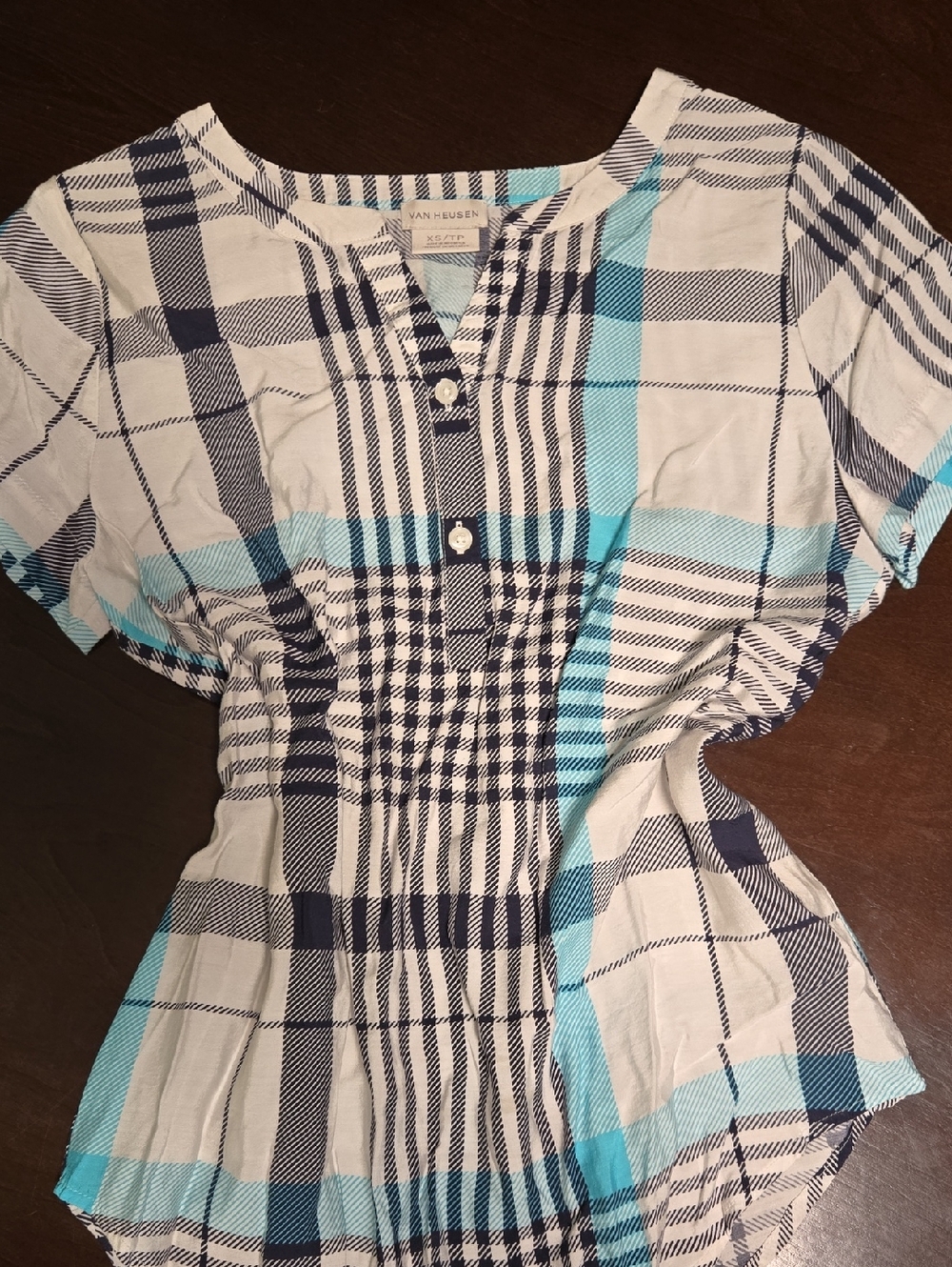 Van Heusen Navy, White & Aqua Plaid Henley Top